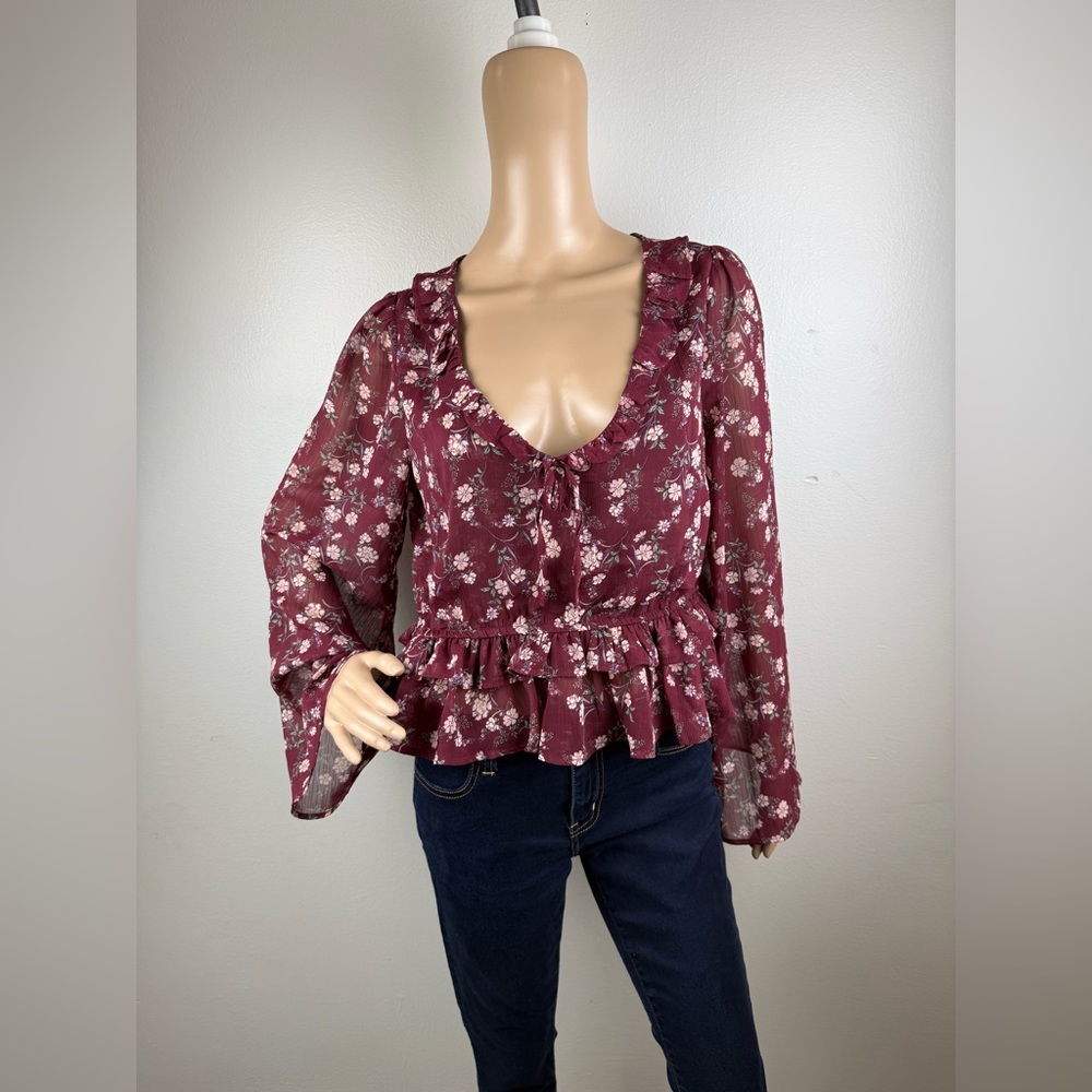 Self Esteem Ruffle Hem Bell Sleeve‎ Boho Sheer Floral Burgundy Juniors Sz L Top